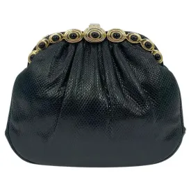 Judith Leiber Black Lizard Gold Top Black Stone Clutch