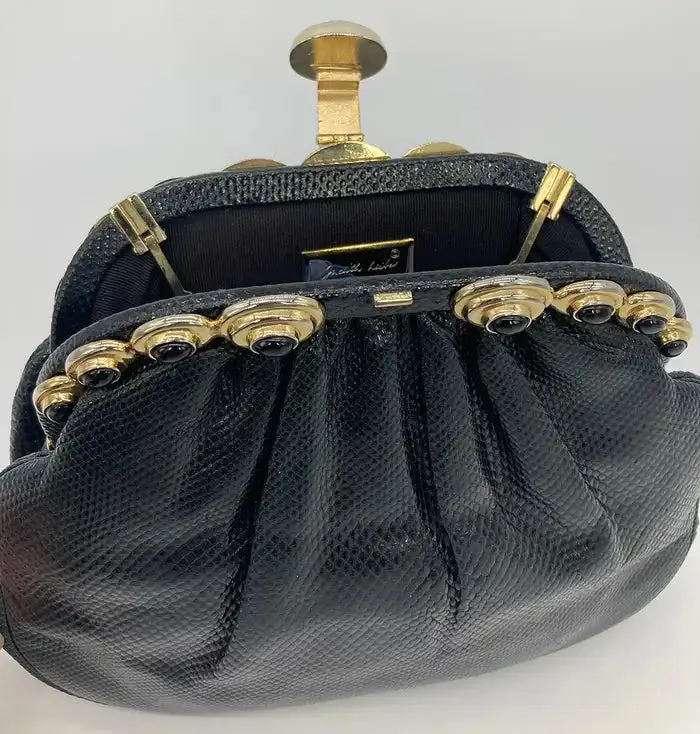 Judith Leiber Black Lizard Gold Top Black Stone Clutch