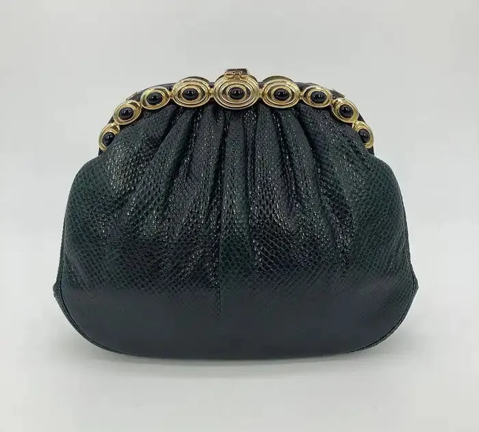 Judith Leiber Black Lizard Gold Top Black Stone Clutch