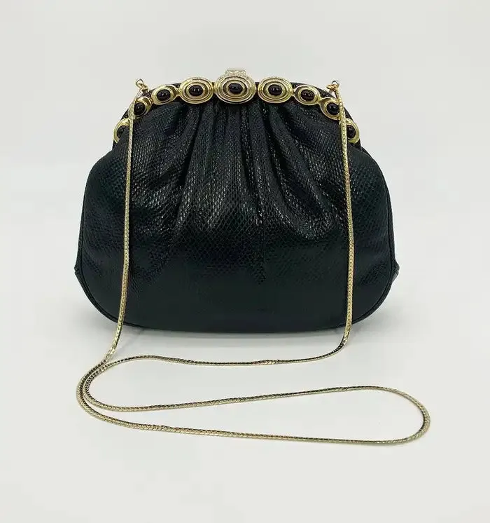 Judith Leiber Black Lizard Gold Top Black Stone Clutch