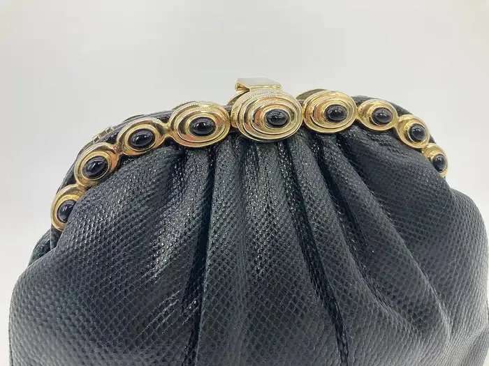 Judith Leiber Black Lizard Gold Top Black Stone Clutch