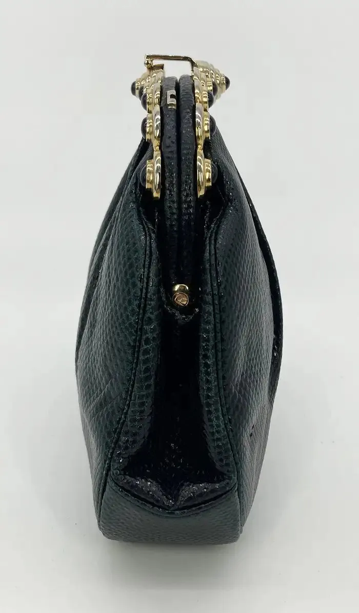 Judith Leiber Black Lizard Gold Top Black Stone Clutch