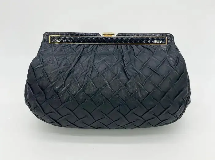 Judith Leiber Black Pleated Leather Resin Bone Top Clutch