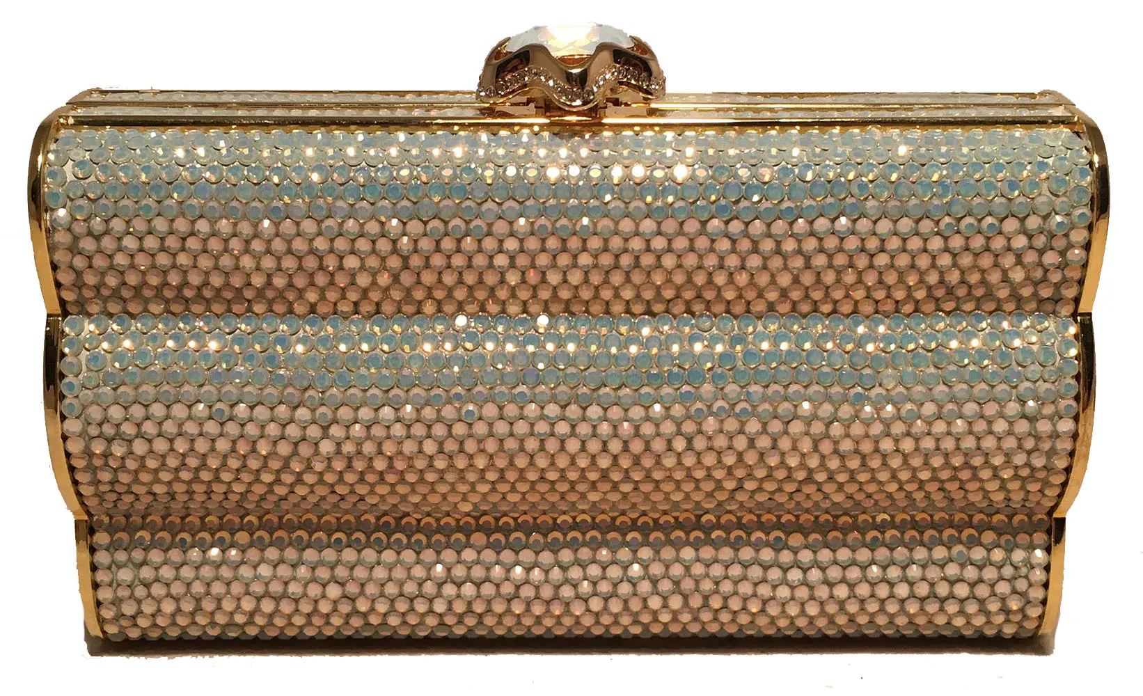 Judith Leiber Iridescent Swarovski Crystal Gold Minaudiere Evening Bag Clutch