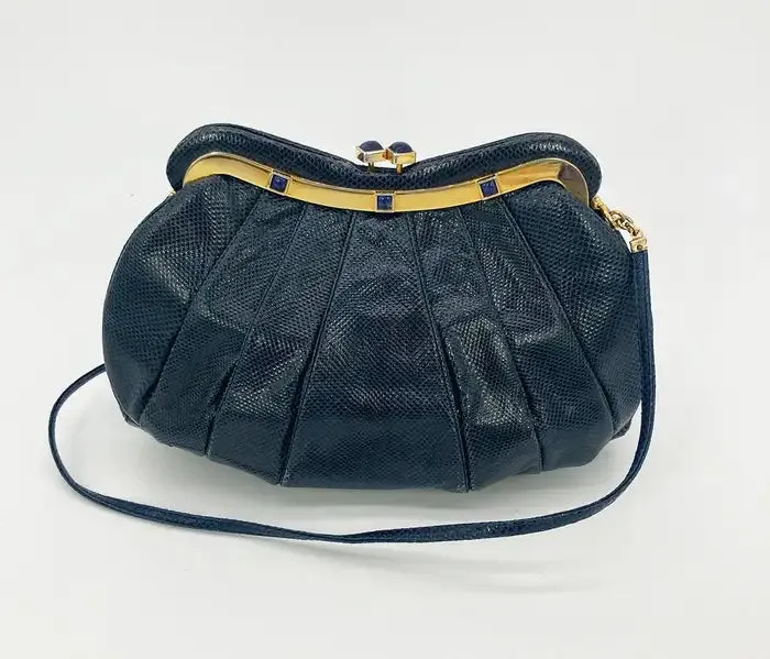 Judith Leiber Navy Lizard Lapis Stone Clutch