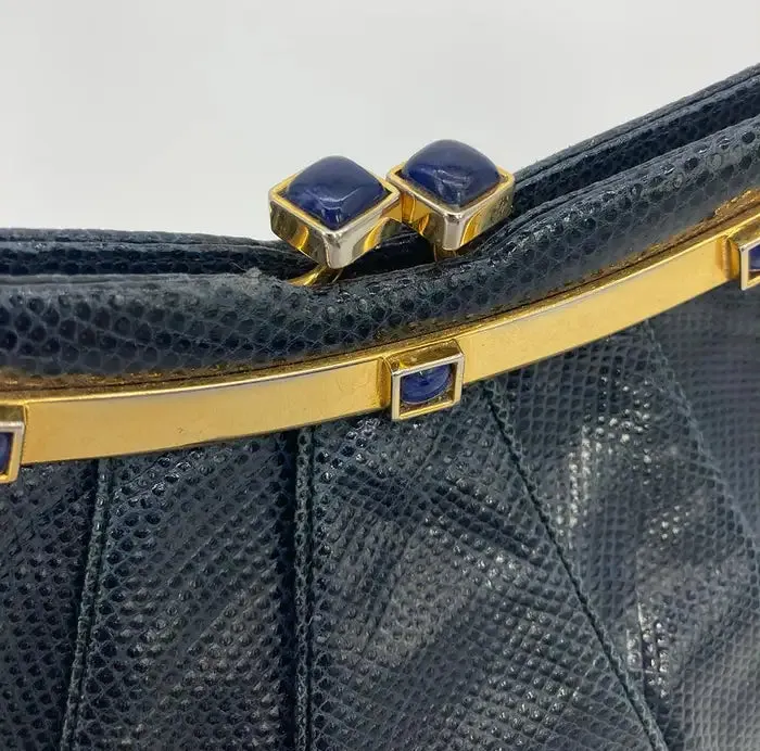 Judith Leiber Navy Lizard Lapis Stone Clutch