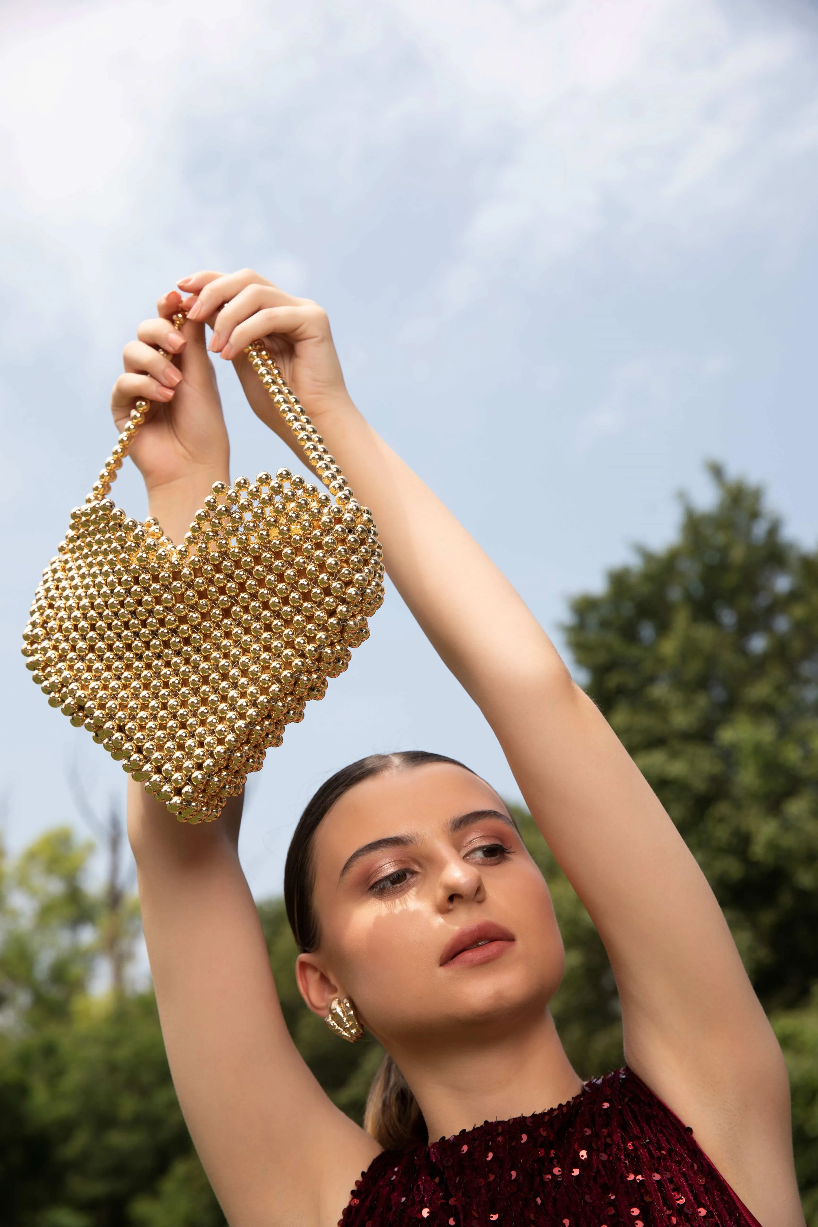 Luxury Golden Pearl Purse - Heart shaped Designer Handbag