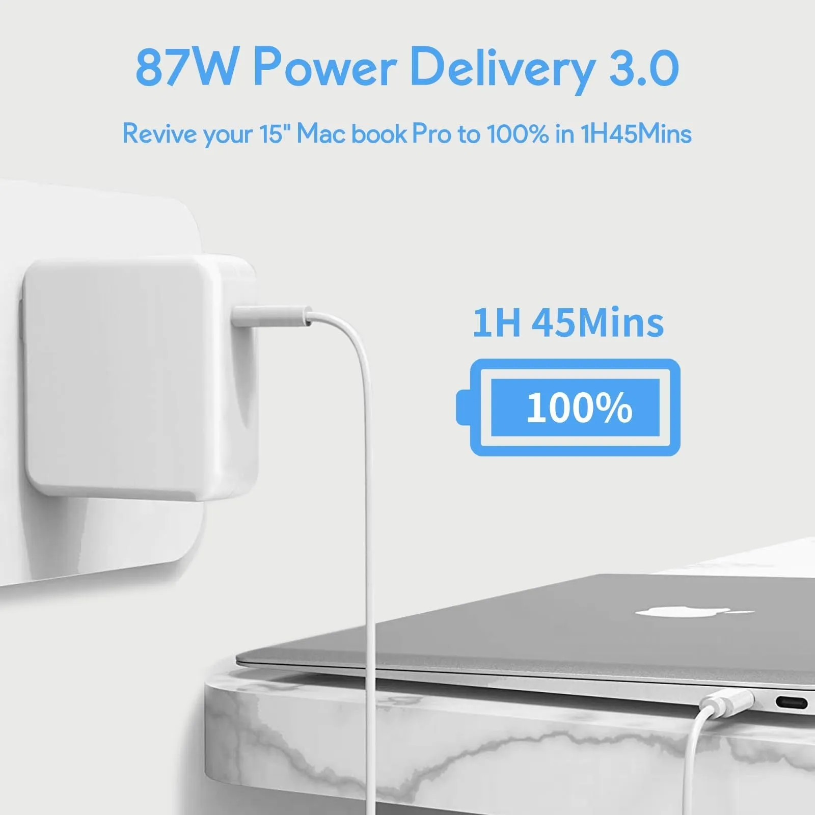 Mac Book Pro Charger - 87W USB C Power Adapter Compatible with 13/14/15 Inch After 2016, for Mac Book Air After 2018, Works 70W 67W 61W 30W 29W, Include Charge Cable（6.6Ft）