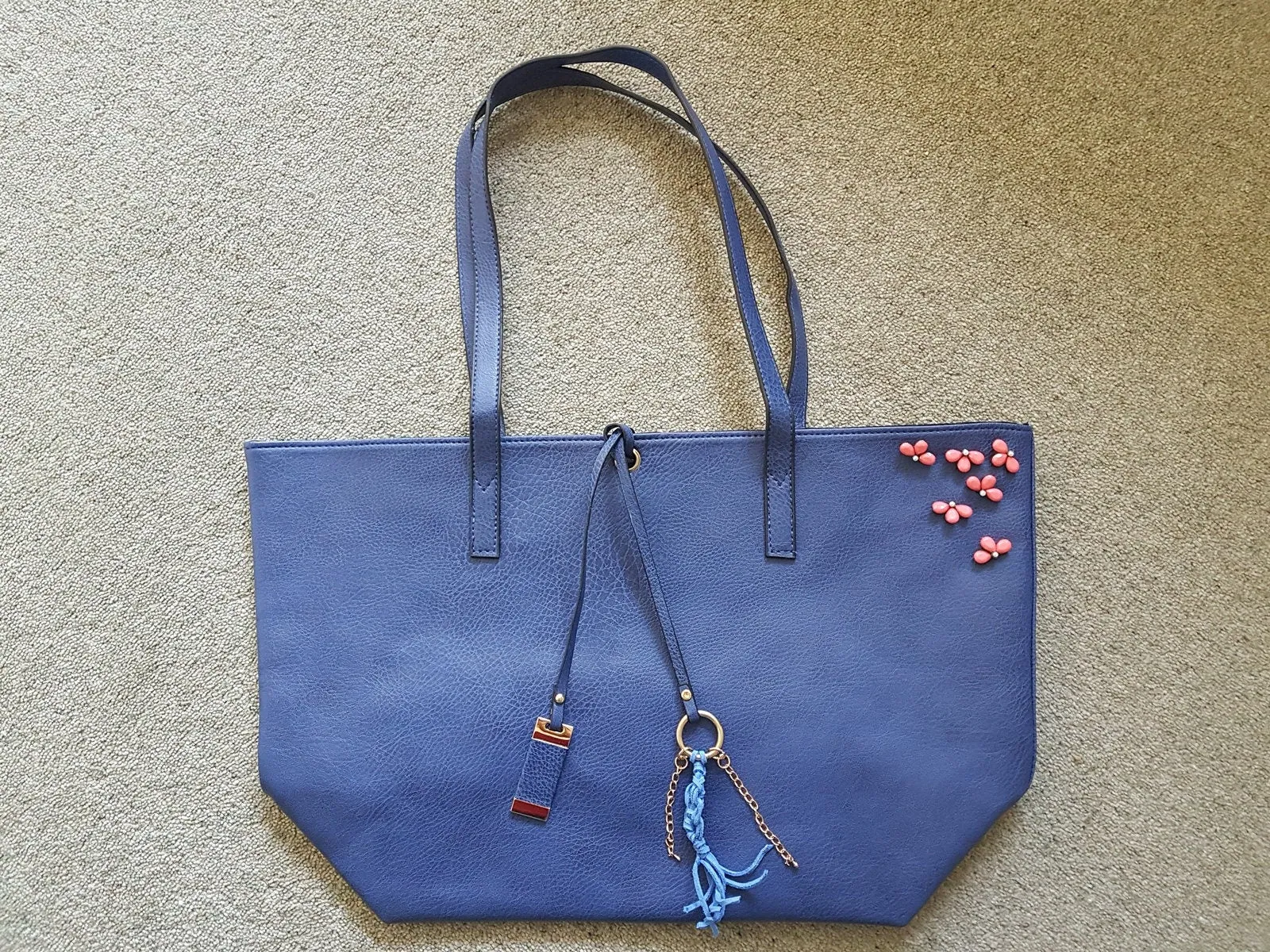 Navy Blue Patent Upcycle Bag Pink Pearl Shoulder Bag