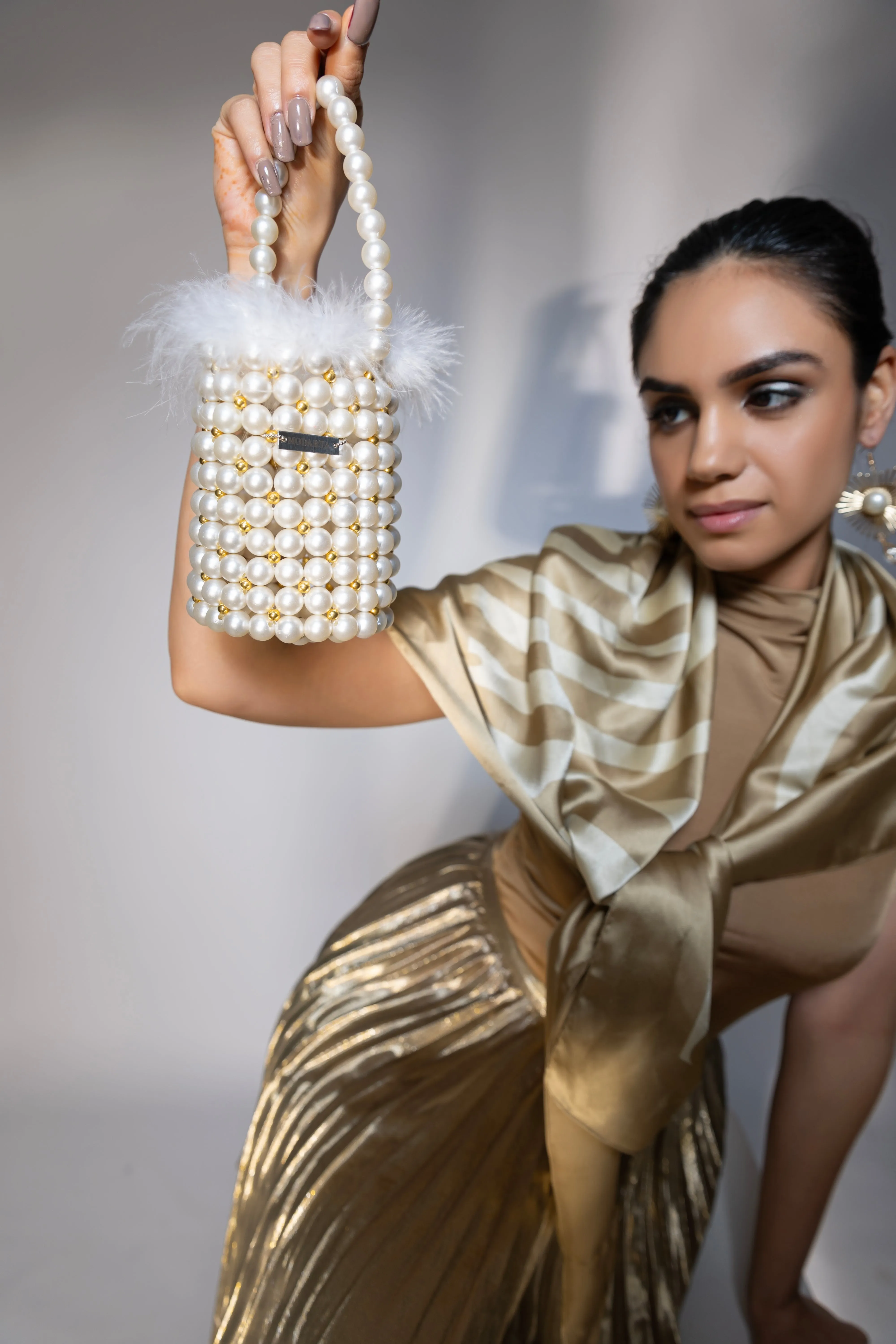 Pearl bag with fur detailing, ideal party wear purse