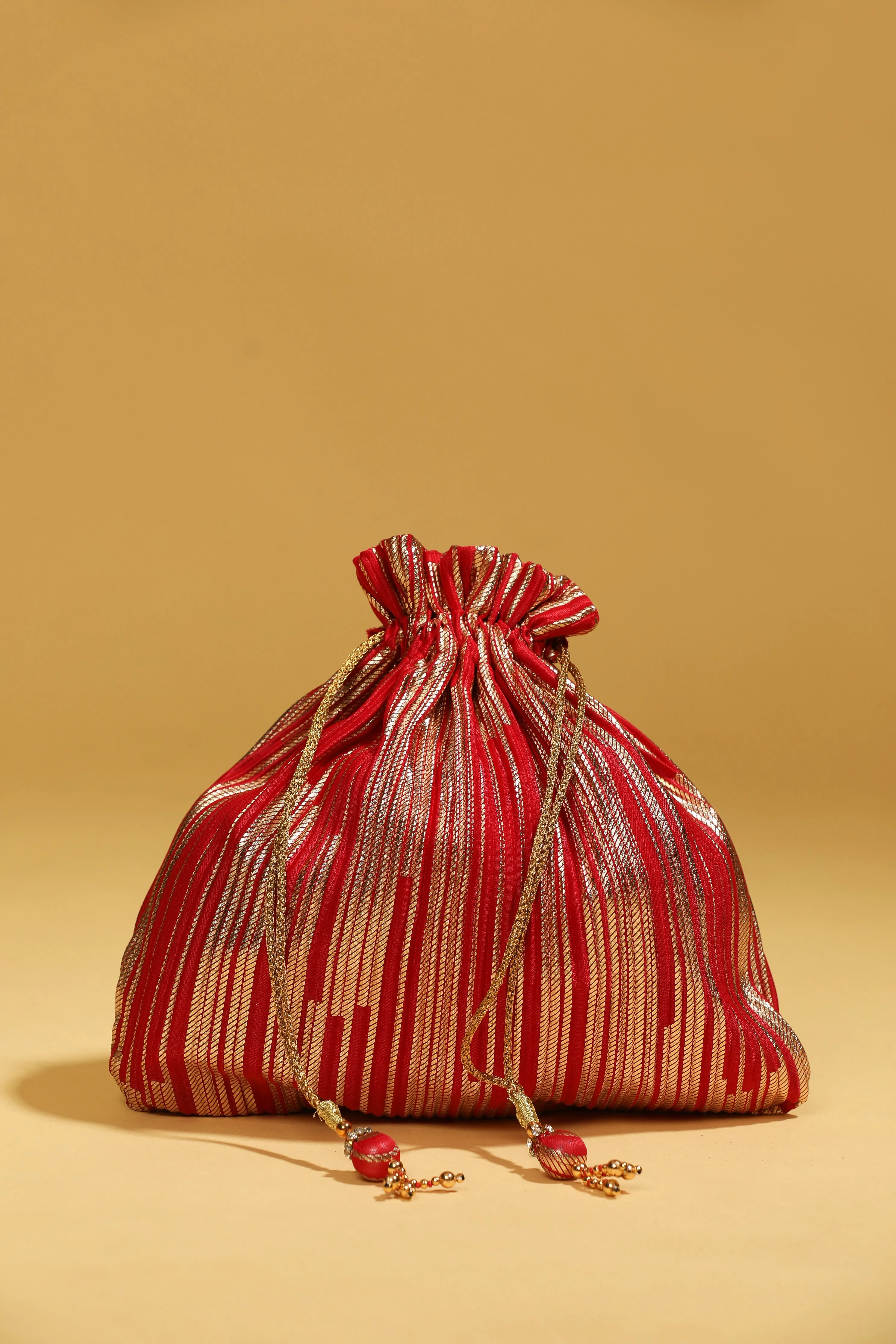 Red Bead Work Potli Bag with Sequin Detailing and Long Tassels