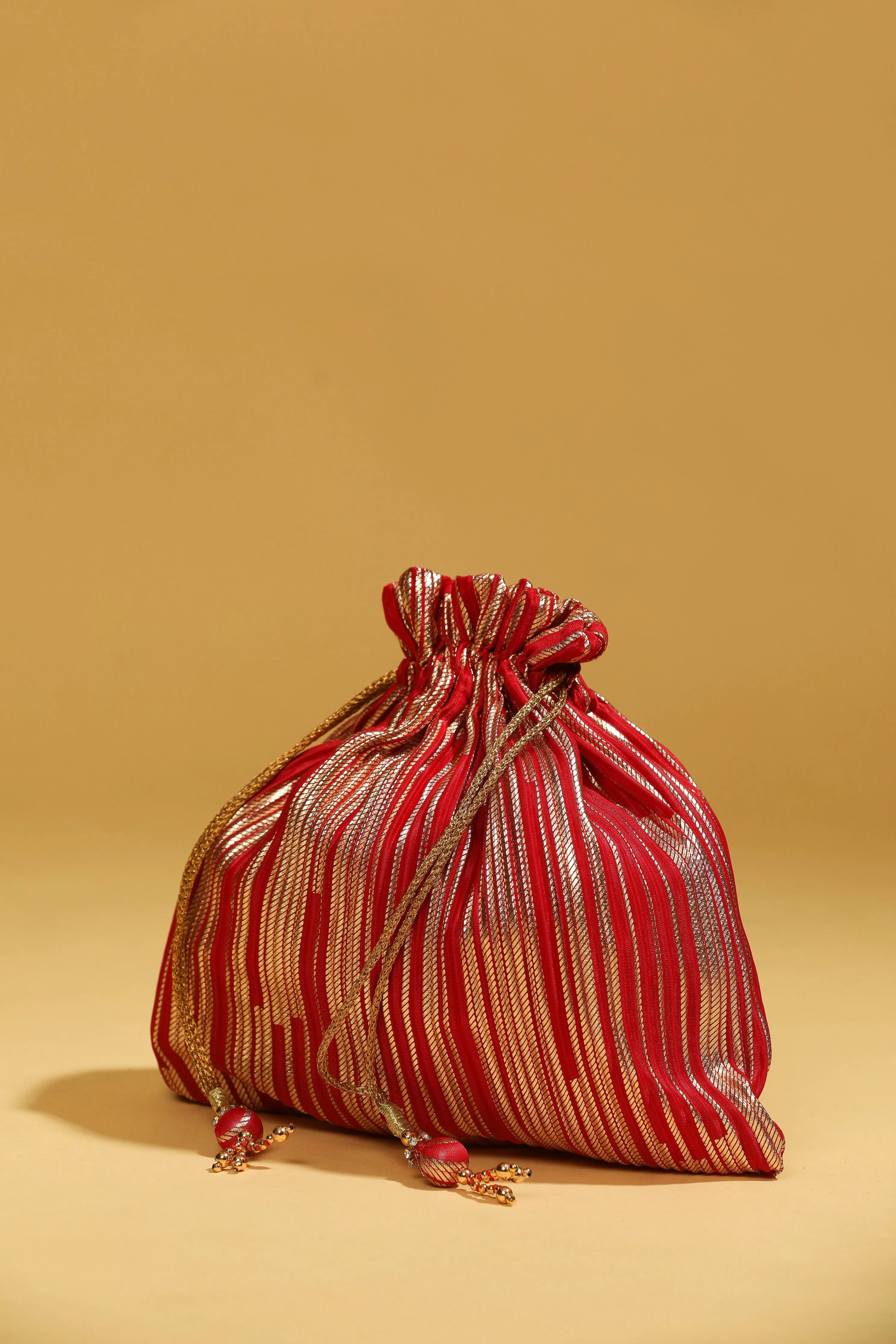 Red Bead Work Potli Bag with Sequin Detailing and Long Tassels