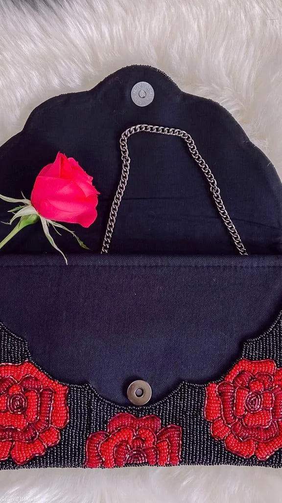 Red Roses on Black Beaded Clutch