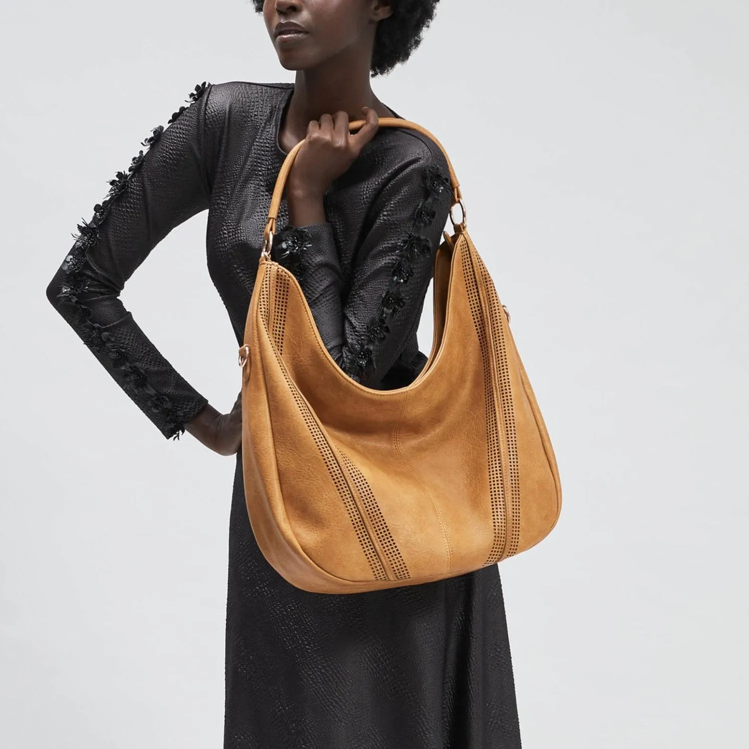 SAVANNAH Perforated Vegan Hobo Bag in Black