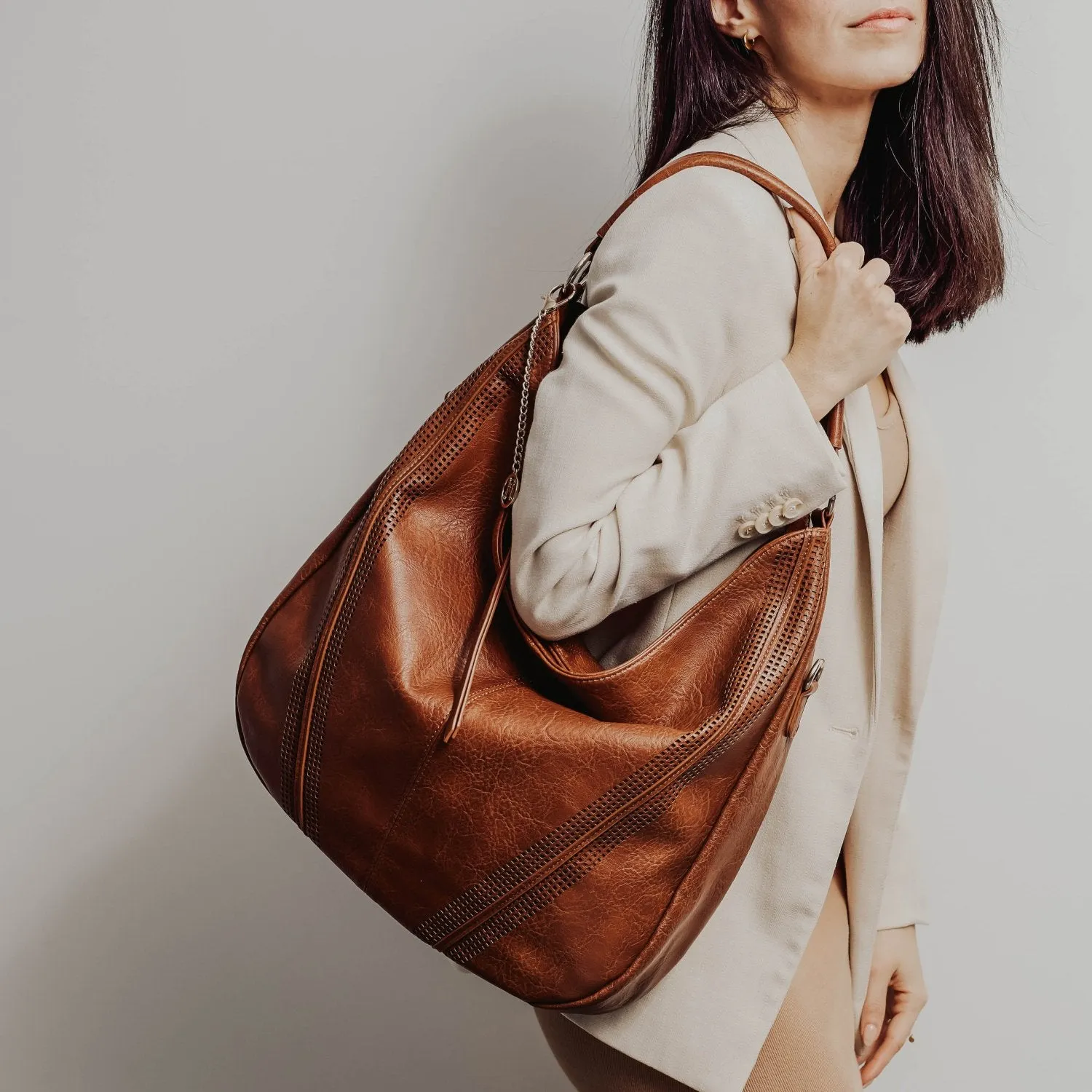 SAVANNAH Perforated Vegan Hobo Bag in Black