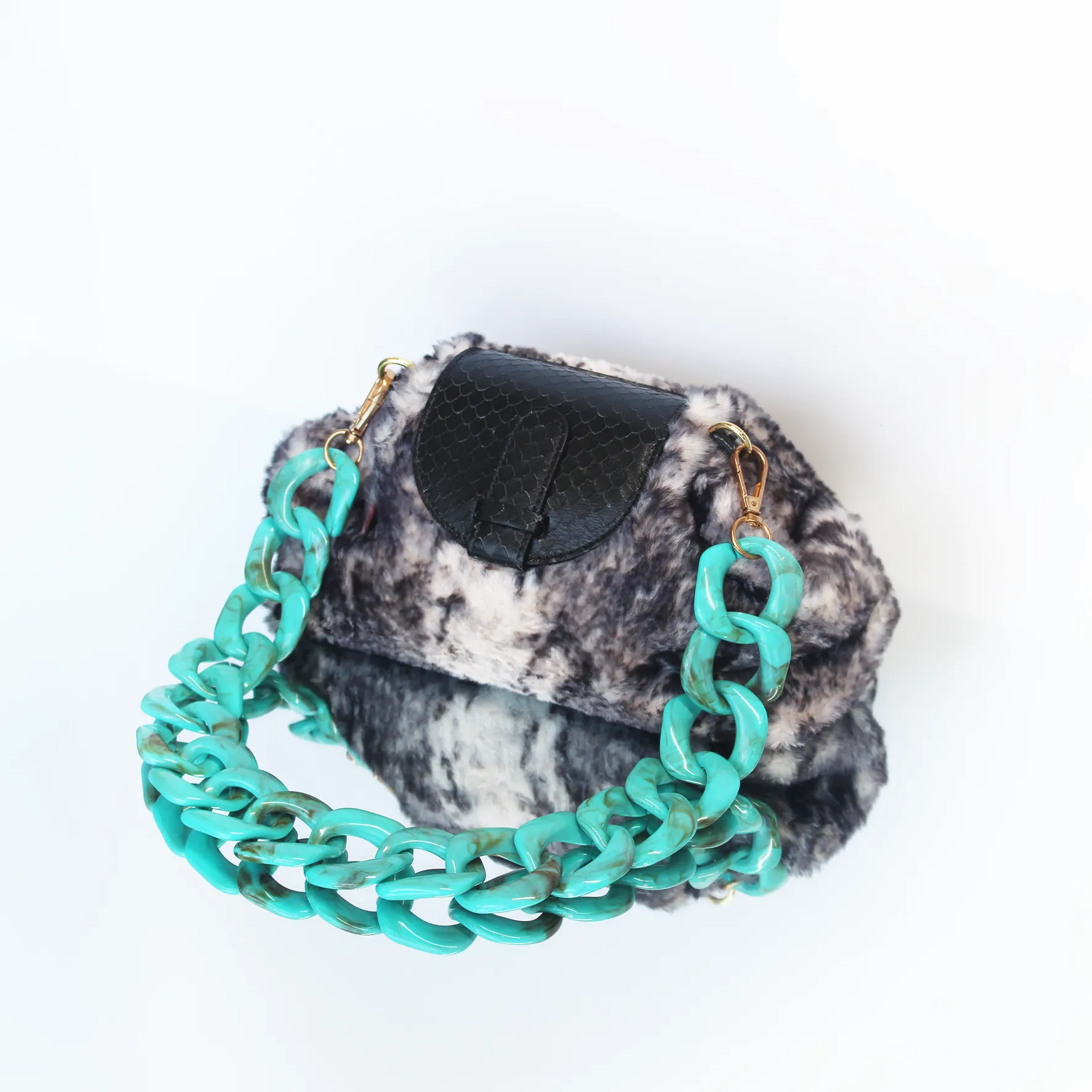 Serena in Faux Fur/Black Leather with Turquoise Chain