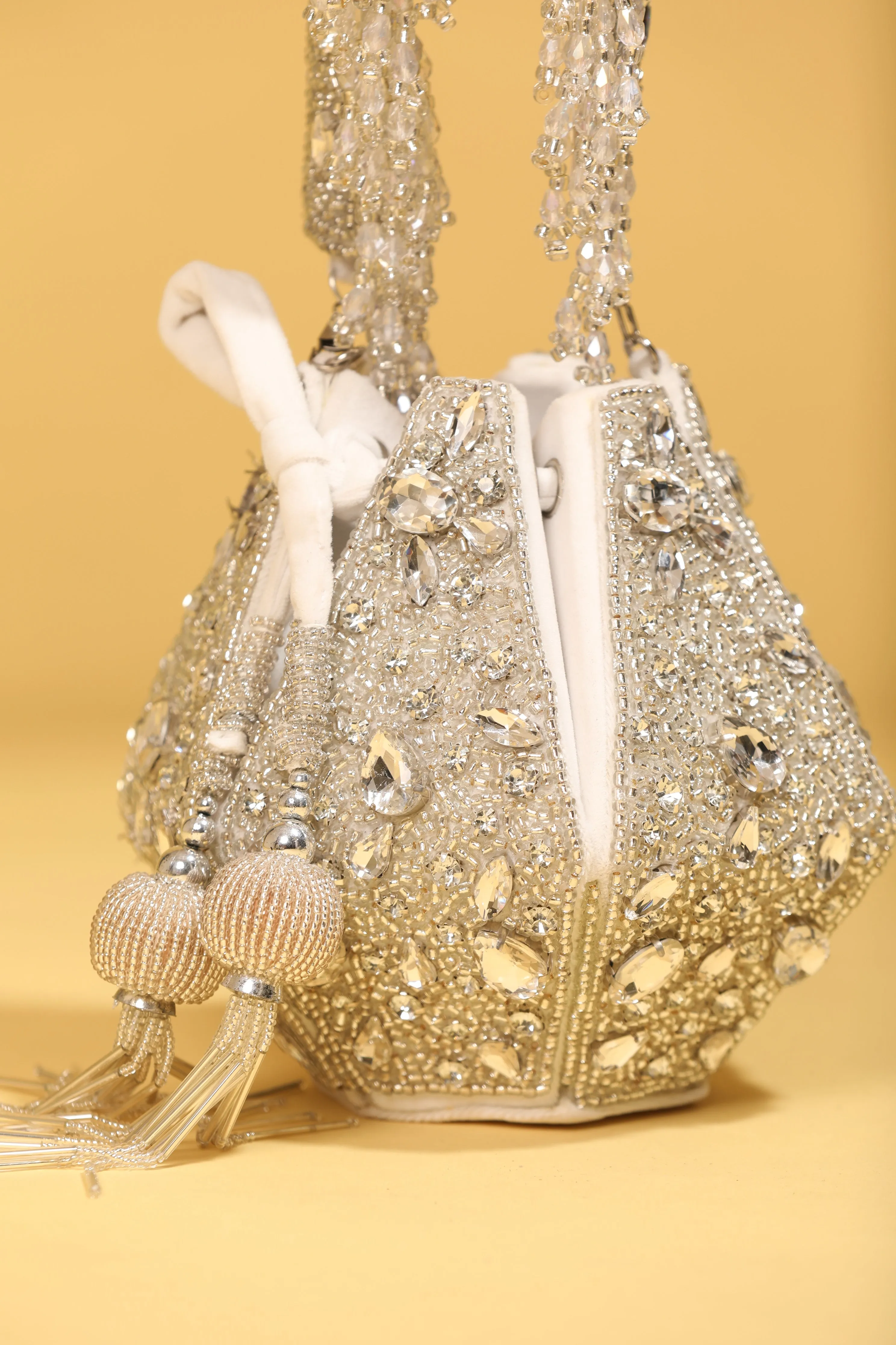 Silver Bead And Pearl Work Potli Bag