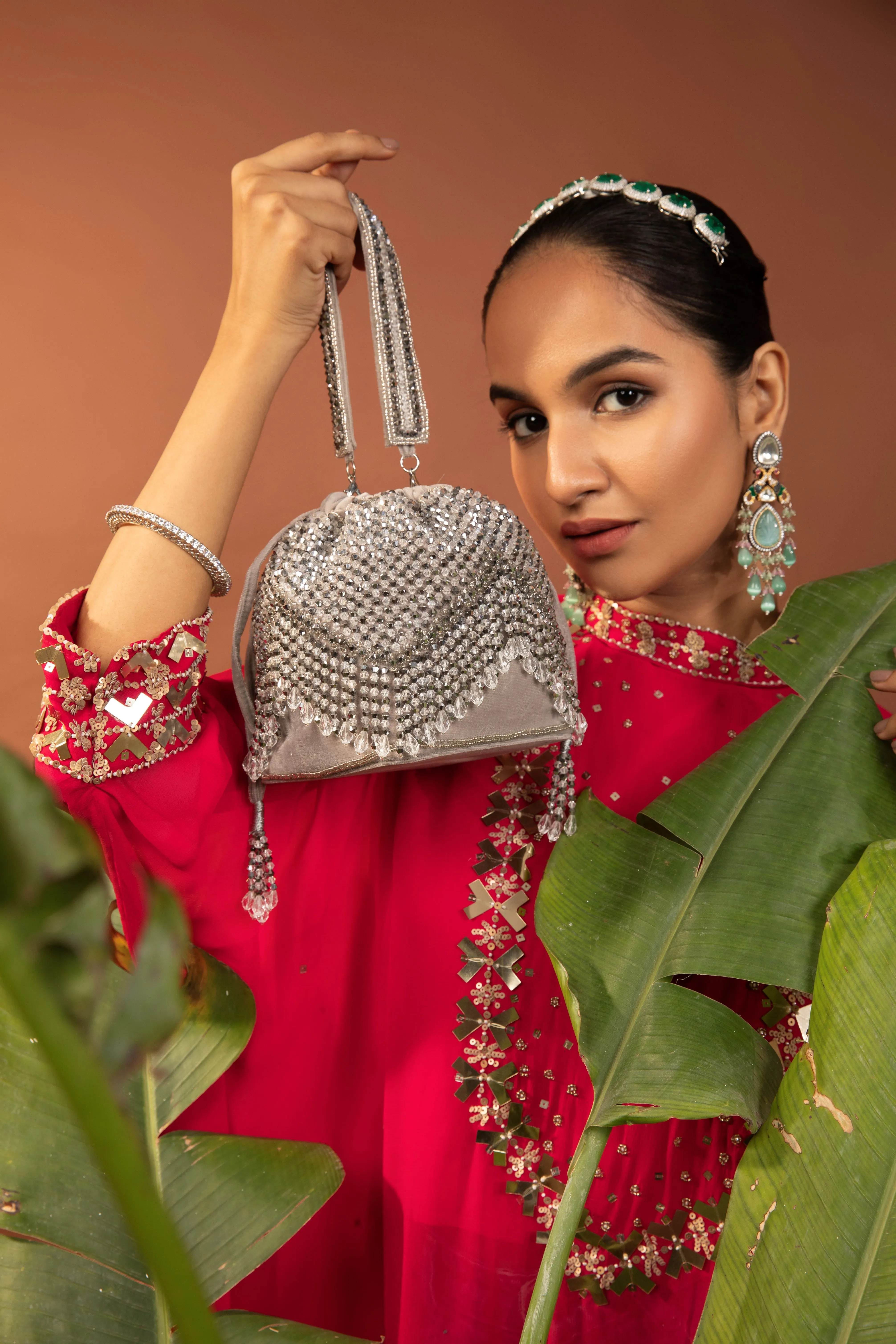 Silver Opal Potli with Handle, Embellished Ethnic Design