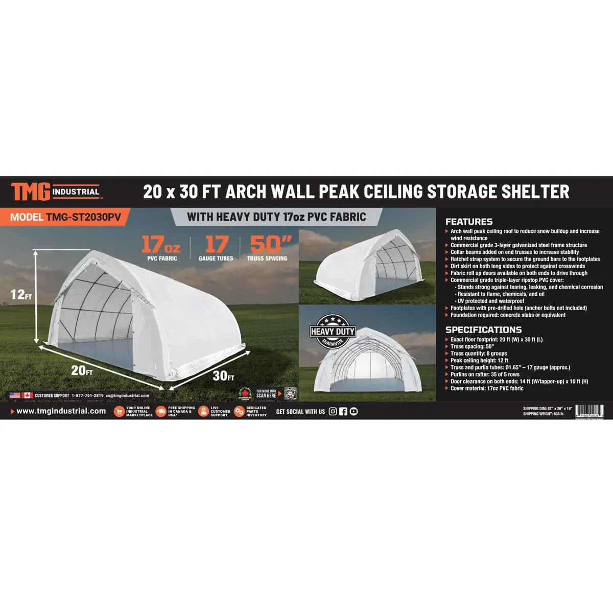 TMG Industrial 20' x 30' Arch Wall Peak Ceiling Storage Shelter with Heavy Duty 17 oz PVC Cover & Drive Through Doors, TMG-ST2031PV(Previously ST2030PV)