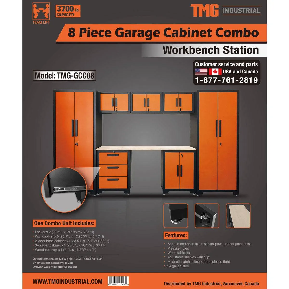 TMG Industrial 8-Piece Garage Storage Cabinet Combo Set, Fully-Welded, Pre-Sealed Wooden Tabletop, Workbench Station, Lockers, Adjustable Levelling, Matte Black Powder Coated Finish, TMG-GCC08