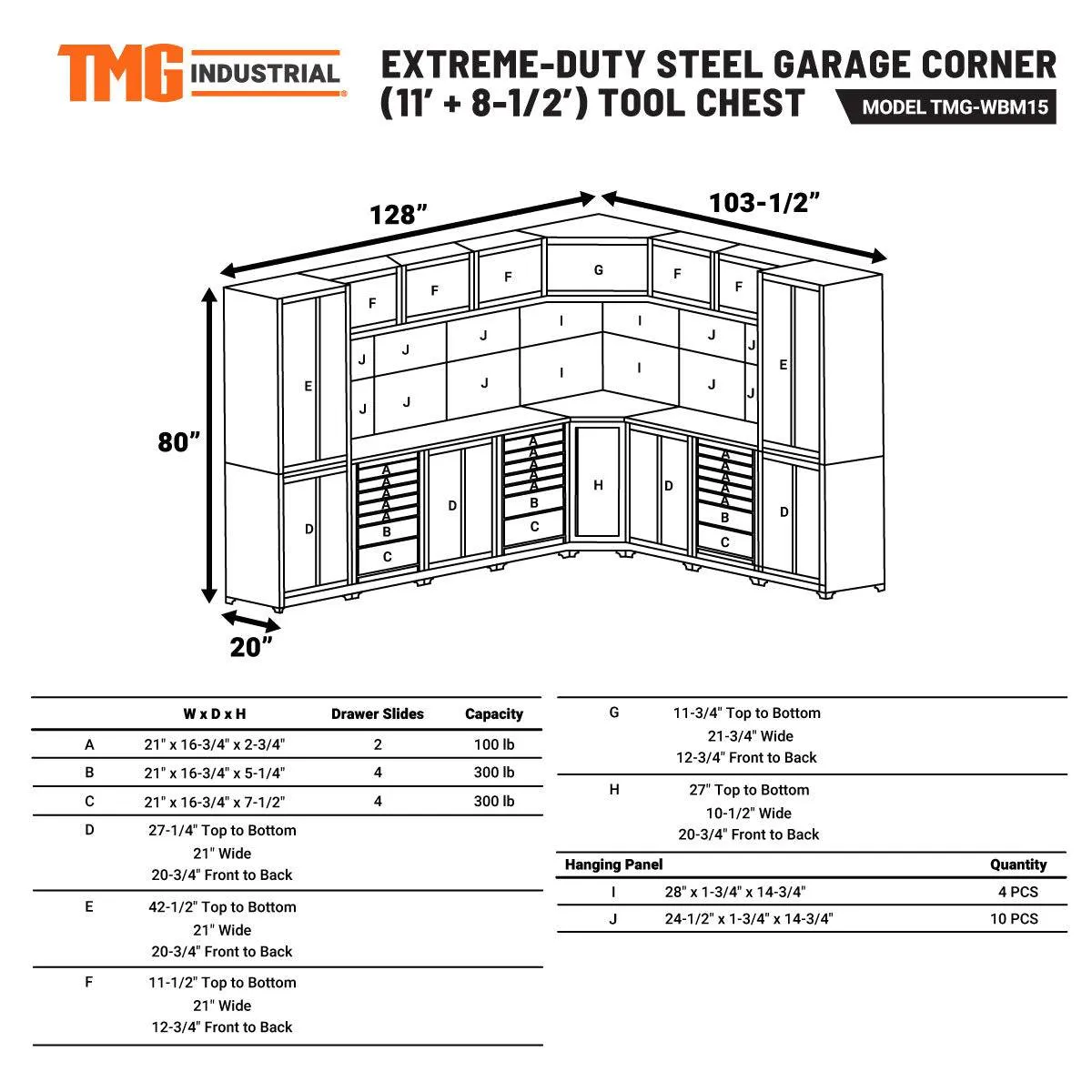 TMG Industrial Extreme-Duty Steel Garage Corner (11’   8.5’) Tool Chest w/Pegboard, Power Outlets, USB Port, Magnetic Motion LED Lamps, TMG-WBM15