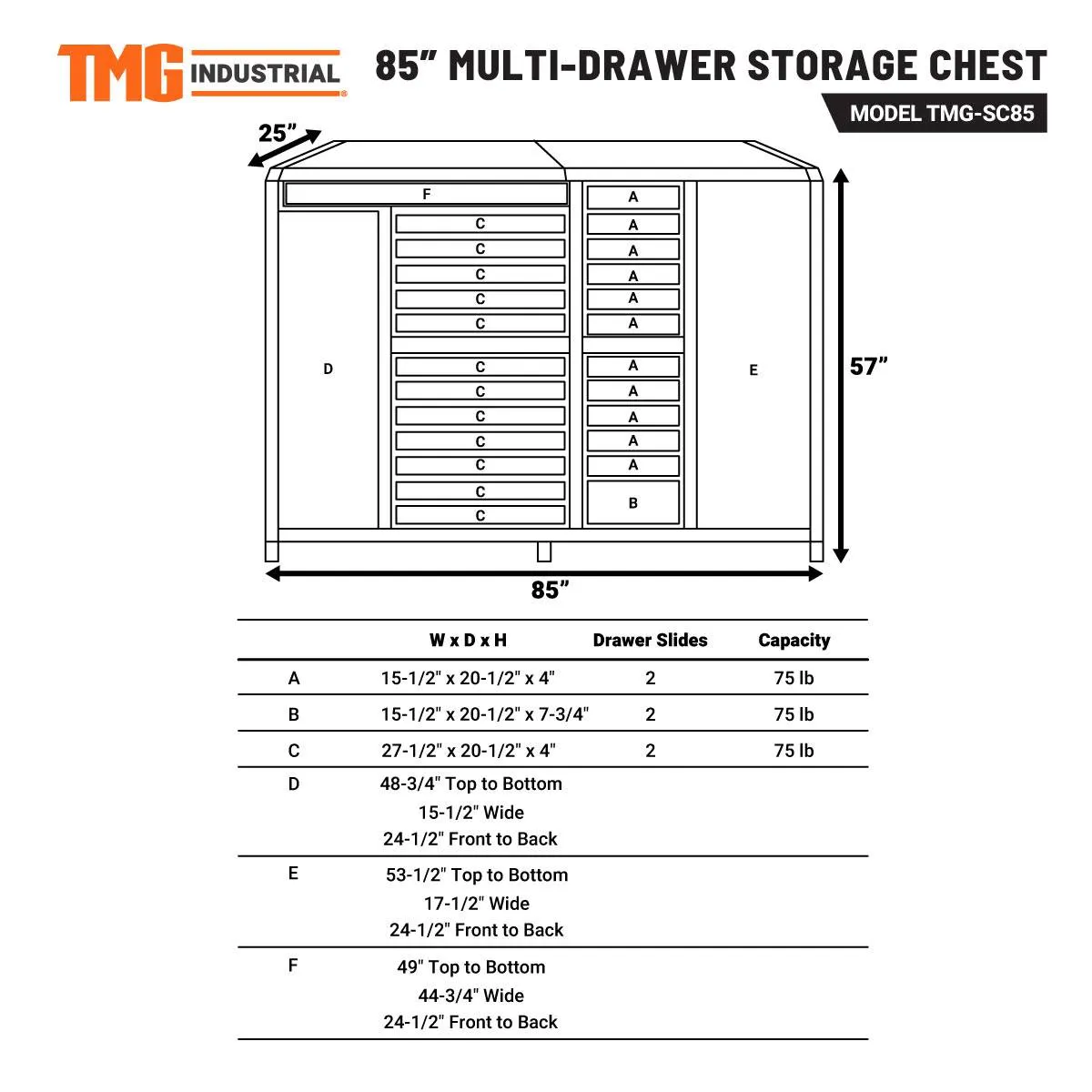 TMG-SC85 85" Multi-Drawer Tool Storage Chest for Workshops and Garages