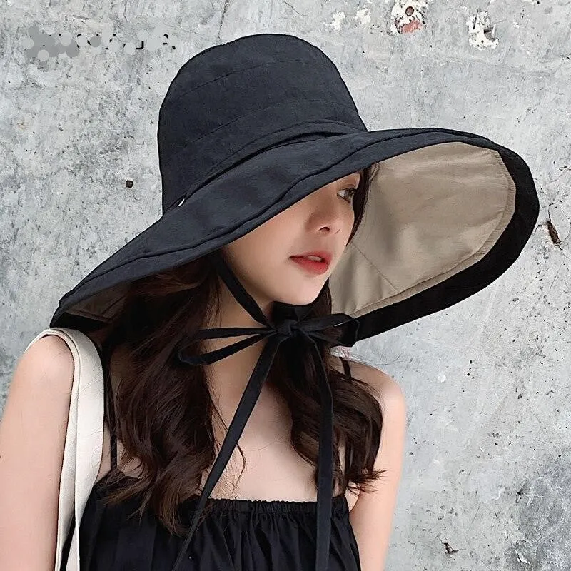 Wide-Brim Bucket Hat Summer Sun 7 Colors 2-Sided Adjustable Chin Strap